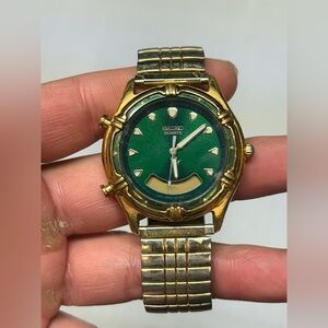 Seiko Analog Digital Watch Men Green Dial Gold Tone H801-6098 *Needs New Battery